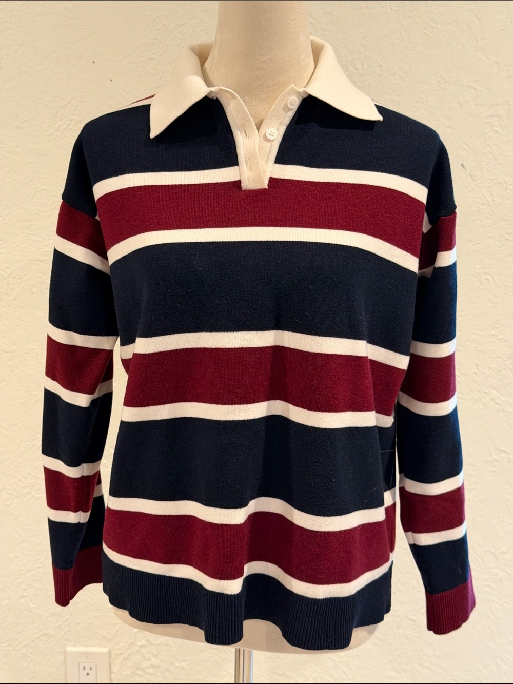 GREY LAB Navy, Burgundy & Cream Striped Rugby Polo Sweater size XS
